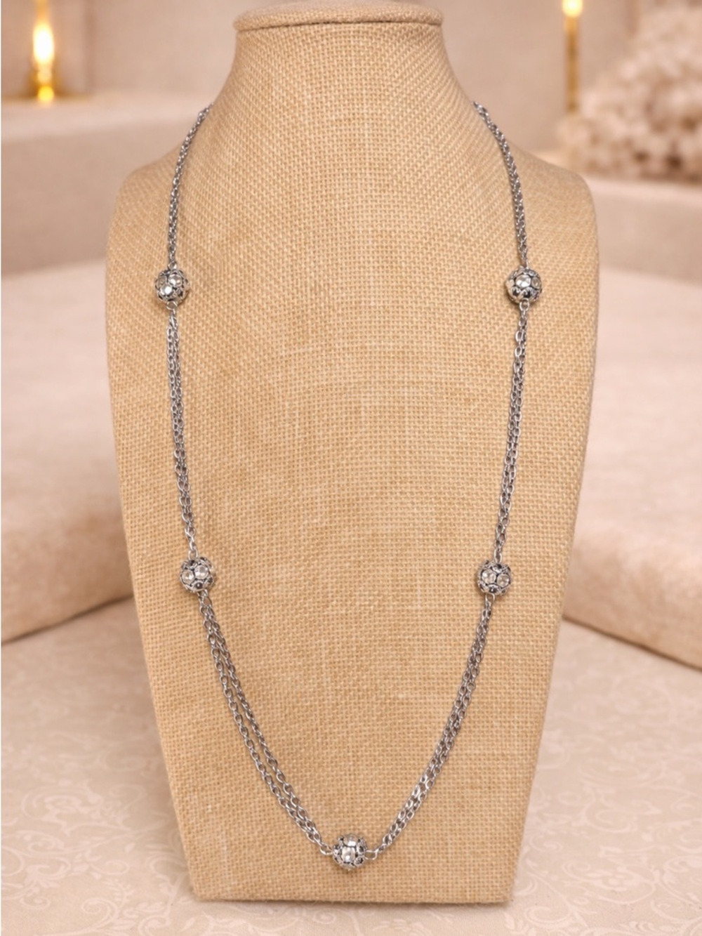 Vintage SARAH COVENTRY Silver Tone Double Chain Rhinestone Ball Necklace 24"